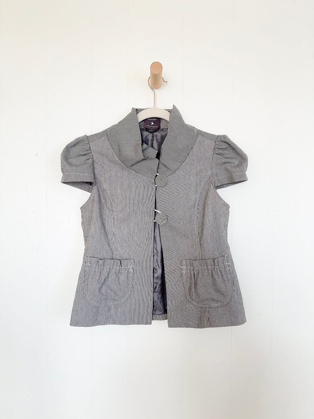 Vintage Y2K Tailored Cap Sleeve Lined Grey Pinstripe Structured Jacket Top M